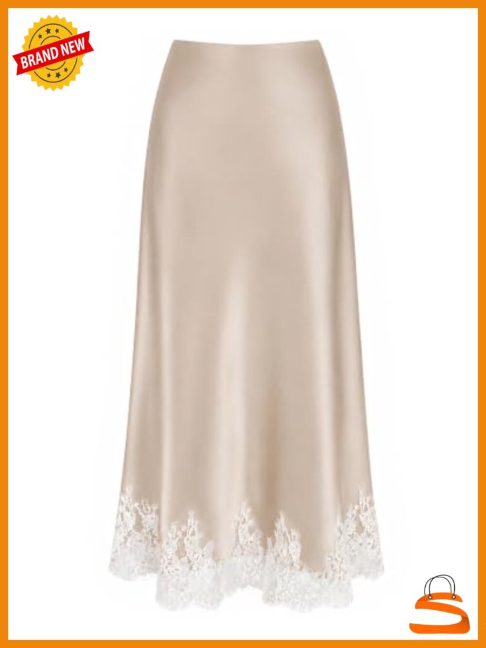 Lace Trim Satin Midi Skirt Patchwork High Waisted Elegant Casual Long Skirt